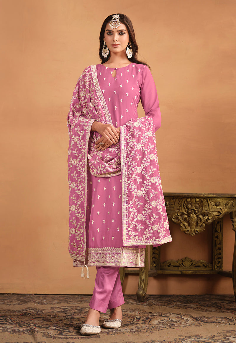 Monjolika Fashion Faux Georgette Embroidered Trendy Salwar Suit In Pink | Grocsy
