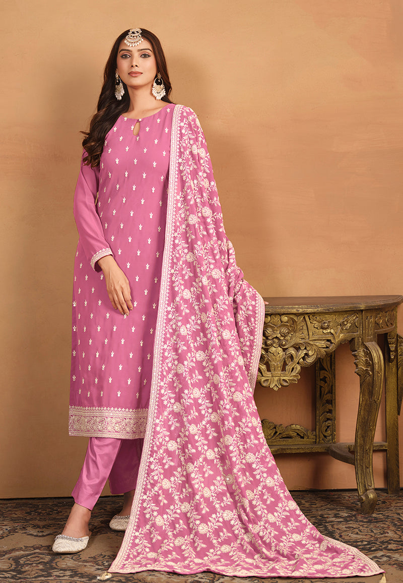 Monjolika Fashion Faux Georgette Embroidered Trendy Salwar Suit In Pink | Grocsy