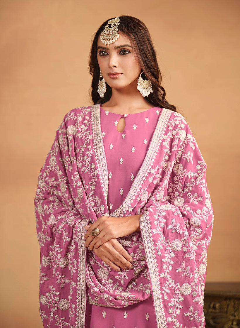 Monjolika Fashion Faux Georgette Embroidered Trendy Salwar Suit In Pink | Grocsy