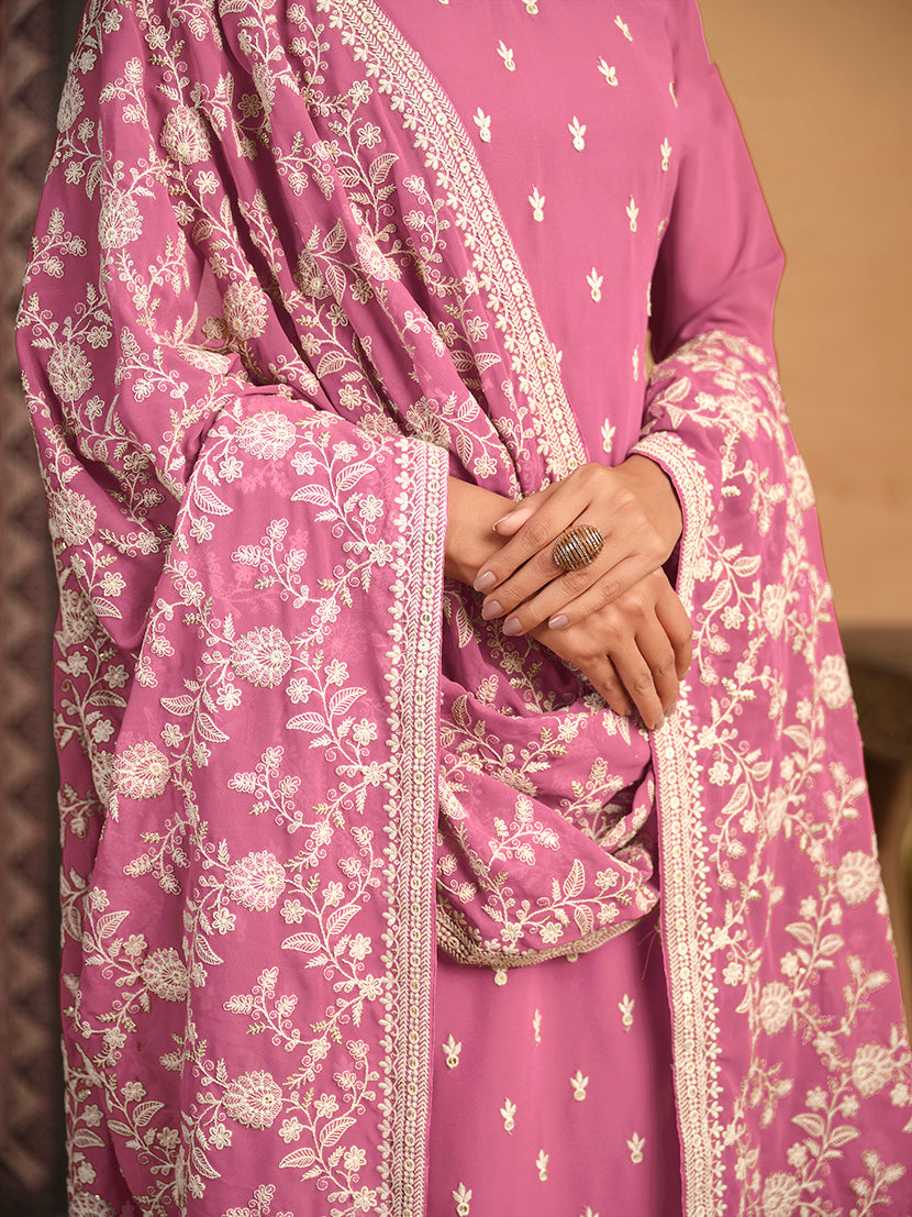 Monjolika Fashion Faux Georgette Embroidered Trendy Salwar Suit In Pink | Grocsy