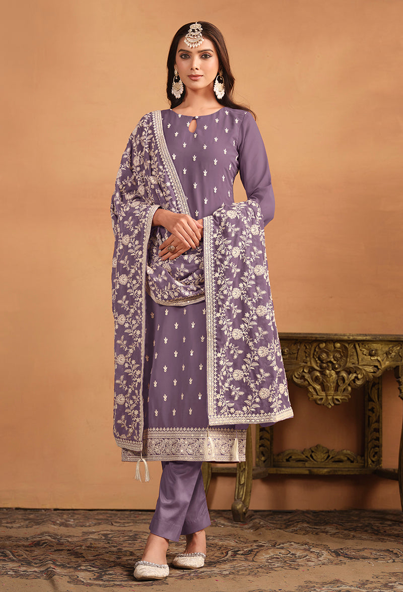 Monjolika Fashion Faux Georgette Embroidered Trendy Salwar Suit In Lavender | Grocsy