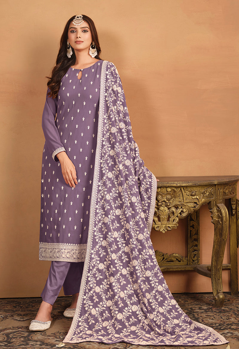 Monjolika Fashion Faux Georgette Embroidered Trendy Salwar Suit In Lavender | Grocsy