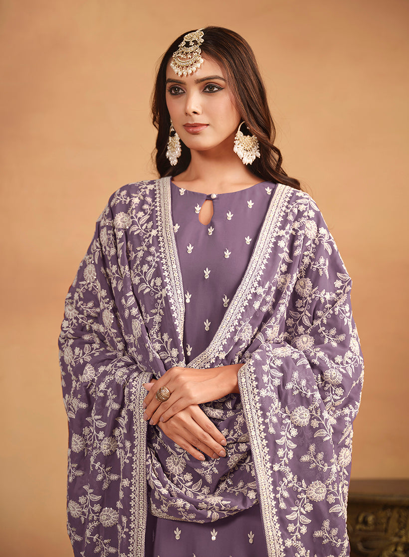Monjolika Fashion Faux Georgette Embroidered Trendy Salwar Suit In Lavender | Grocsy