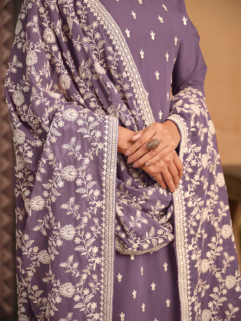 Monjolika Fashion Faux Georgette Embroidered Trendy Salwar Suit In Lavender | Grocsy