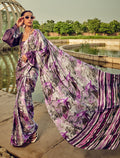 Monjolika Fashion White & Purple Digital Print Satin Trendy Saree | Grocsy