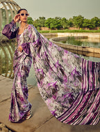 Monjolika Fashion White & Purple Digital Print Satin Trendy Saree | Grocsy