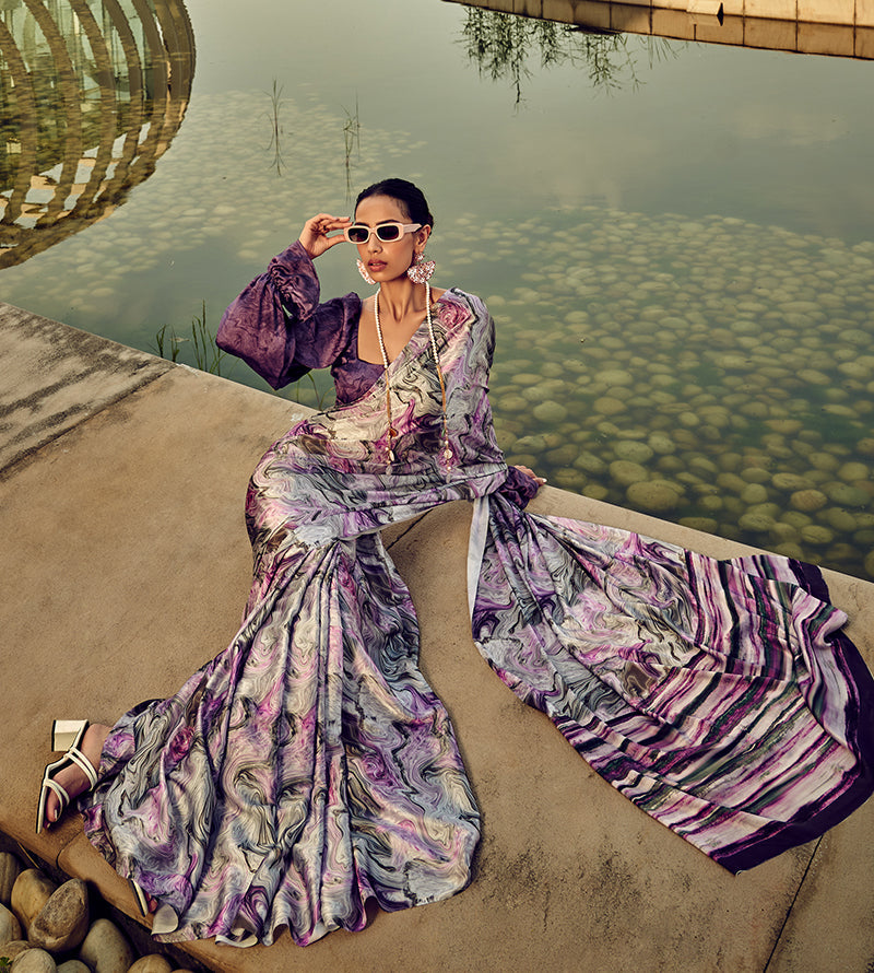 Monjolika Fashion White & Purple Digital Print Satin Trendy Saree | Grocsy