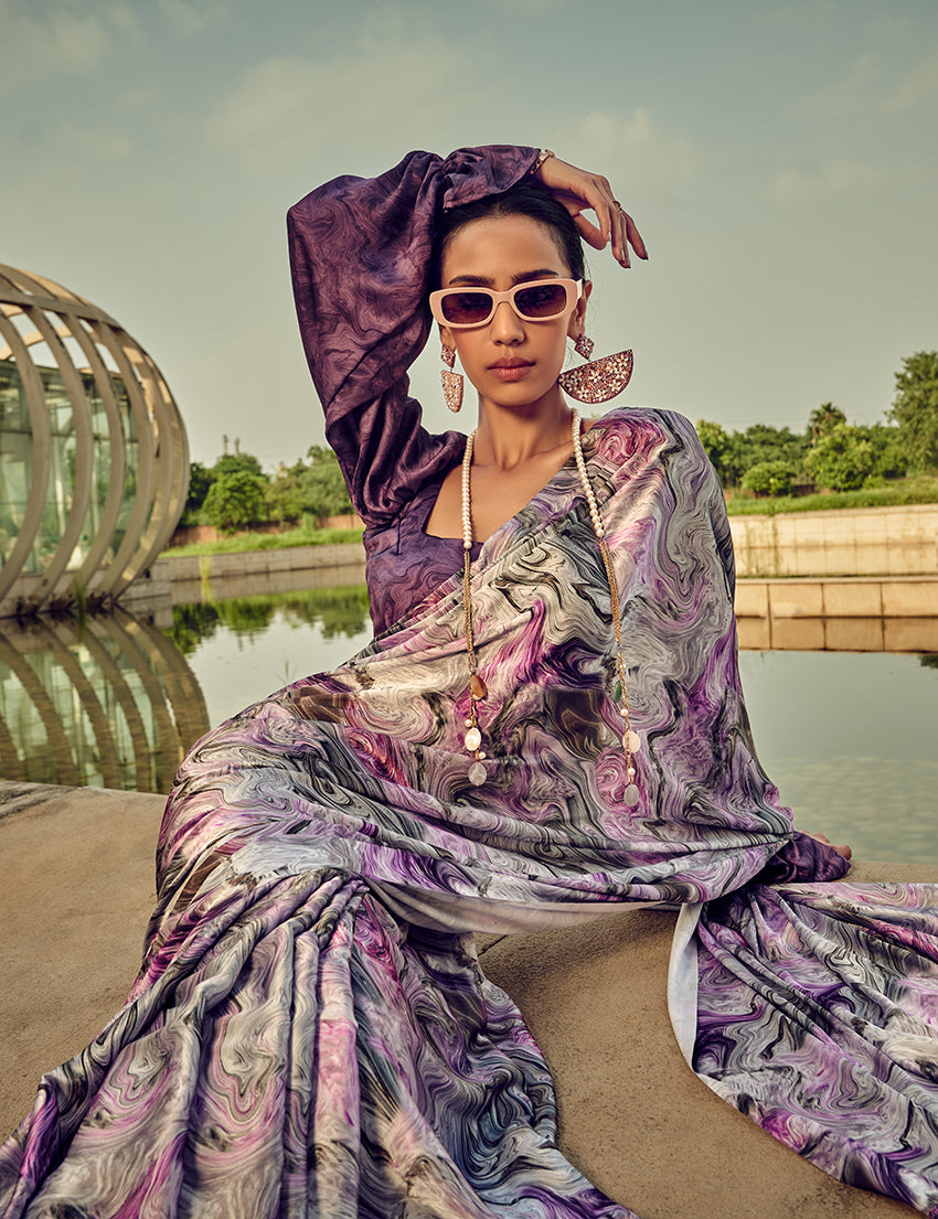 Monjolika Fashion White & Purple Digital Print Satin Trendy Saree | Grocsy