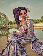Monjolika Fashion White & Purple Digital Print Satin Trendy Saree | Grocsy