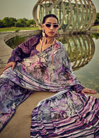 Monjolika Fashion White & Purple Digital Print Satin Trendy Saree | Grocsy