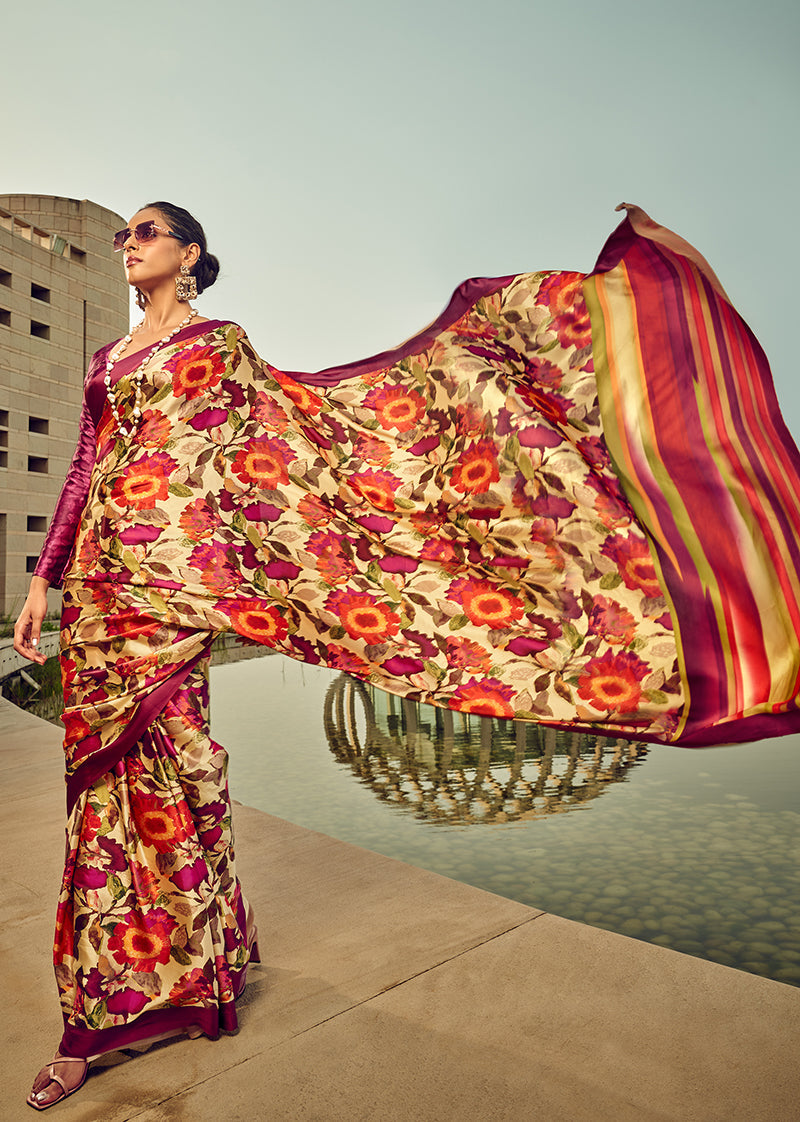 Monjolika Fashion Multicolor Digital Print Satin Trendy Saree | Grocsy
