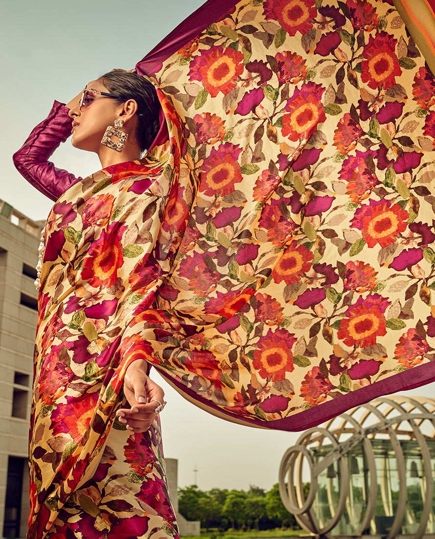 Monjolika Fashion Multicolor Digital Print Satin Trendy Saree | Grocsy