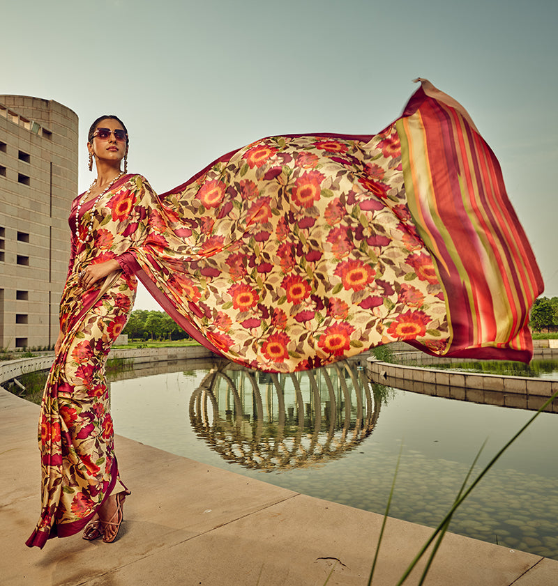 Monjolika Fashion Multicolor Digital Print Satin Trendy Saree | Grocsy