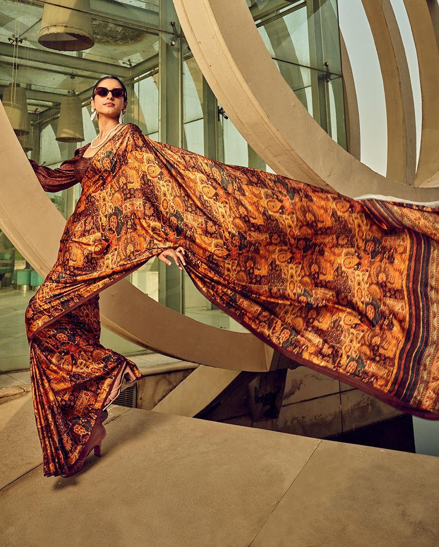 Monjolika Fashion Multicolor Digital Print Satin Trendy Saree | Grocsy