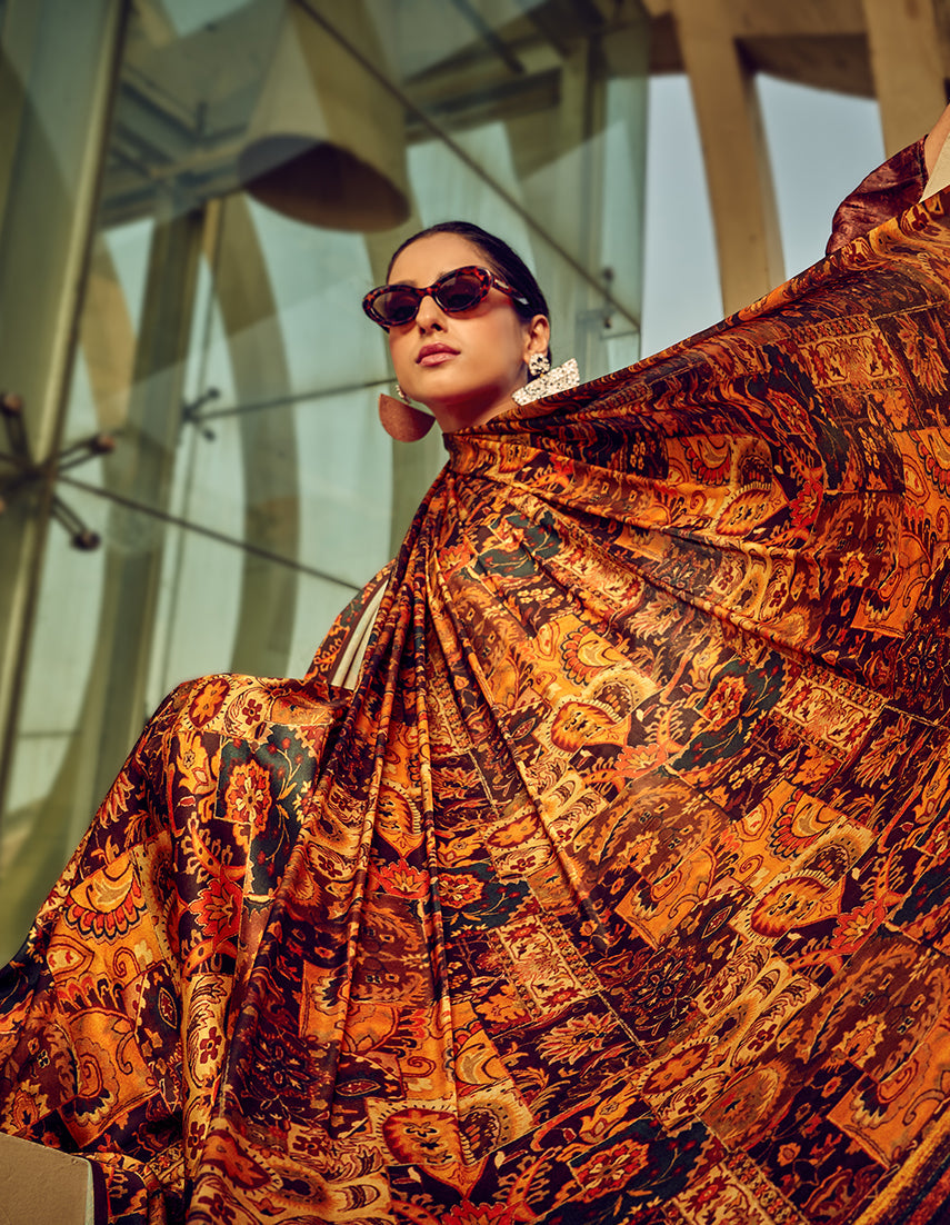 Monjolika Fashion Multicolor Digital Print Satin Trendy Saree | Grocsy