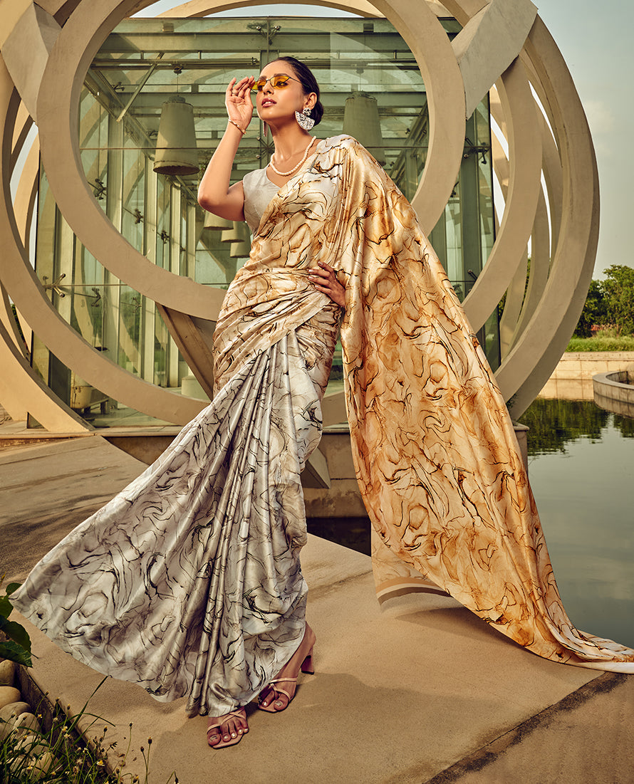 Monjolika Fashion Off White & Beige Digital Print Satin Trendy Saree | Grocsy