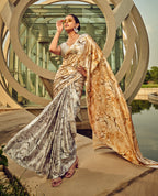 Monjolika Fashion Off White & Beige Digital Print Satin Trendy Saree | Grocsy