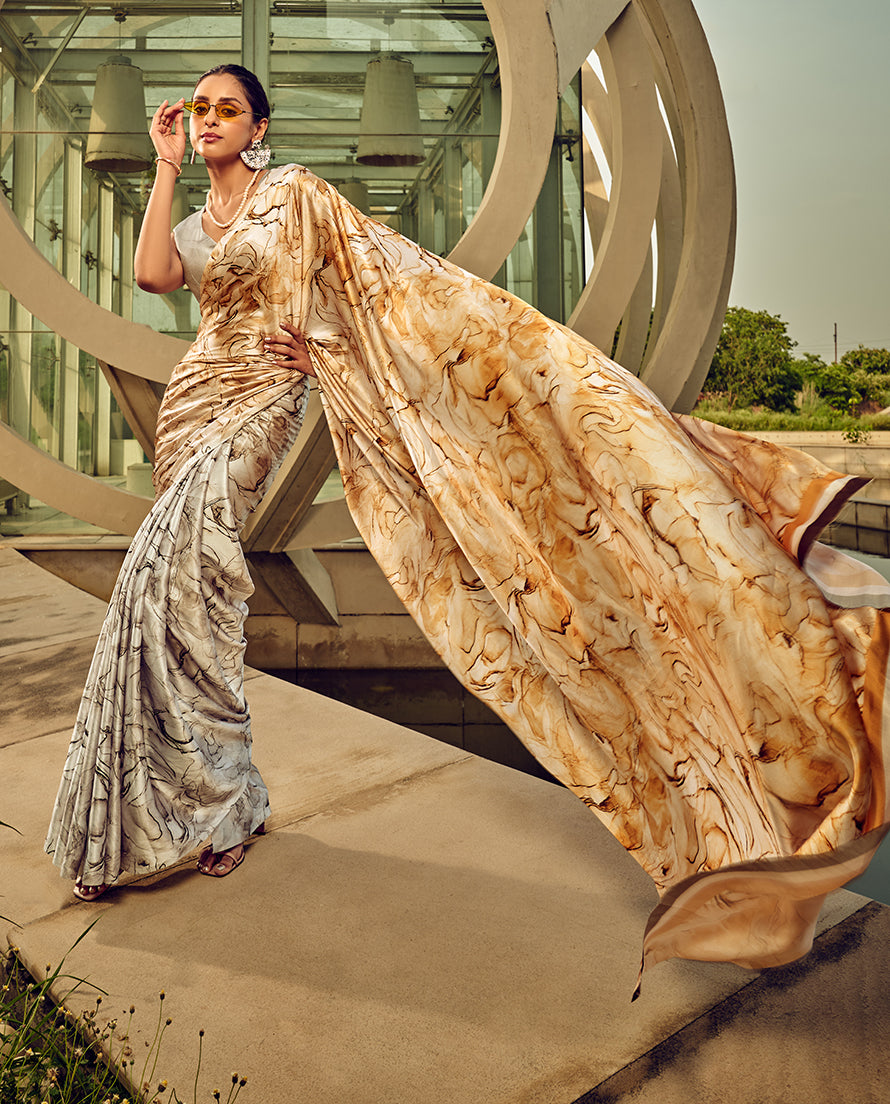 Monjolika Fashion Off White & Beige Digital Print Satin Trendy Saree | Grocsy