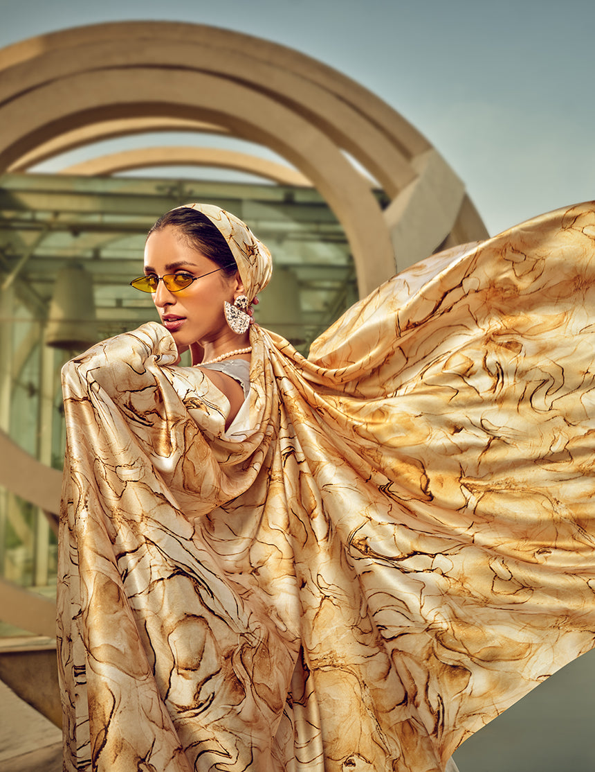 Monjolika Fashion Off White & Beige Digital Print Satin Trendy Saree | Grocsy