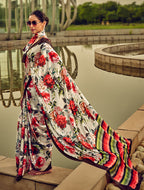 Monjolika Fashion Off White & Red Digital Print Satin Trendy Saree | Grocsy