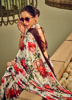 Monjolika Fashion Off White & Red Digital Print Satin Trendy Saree | Grocsy