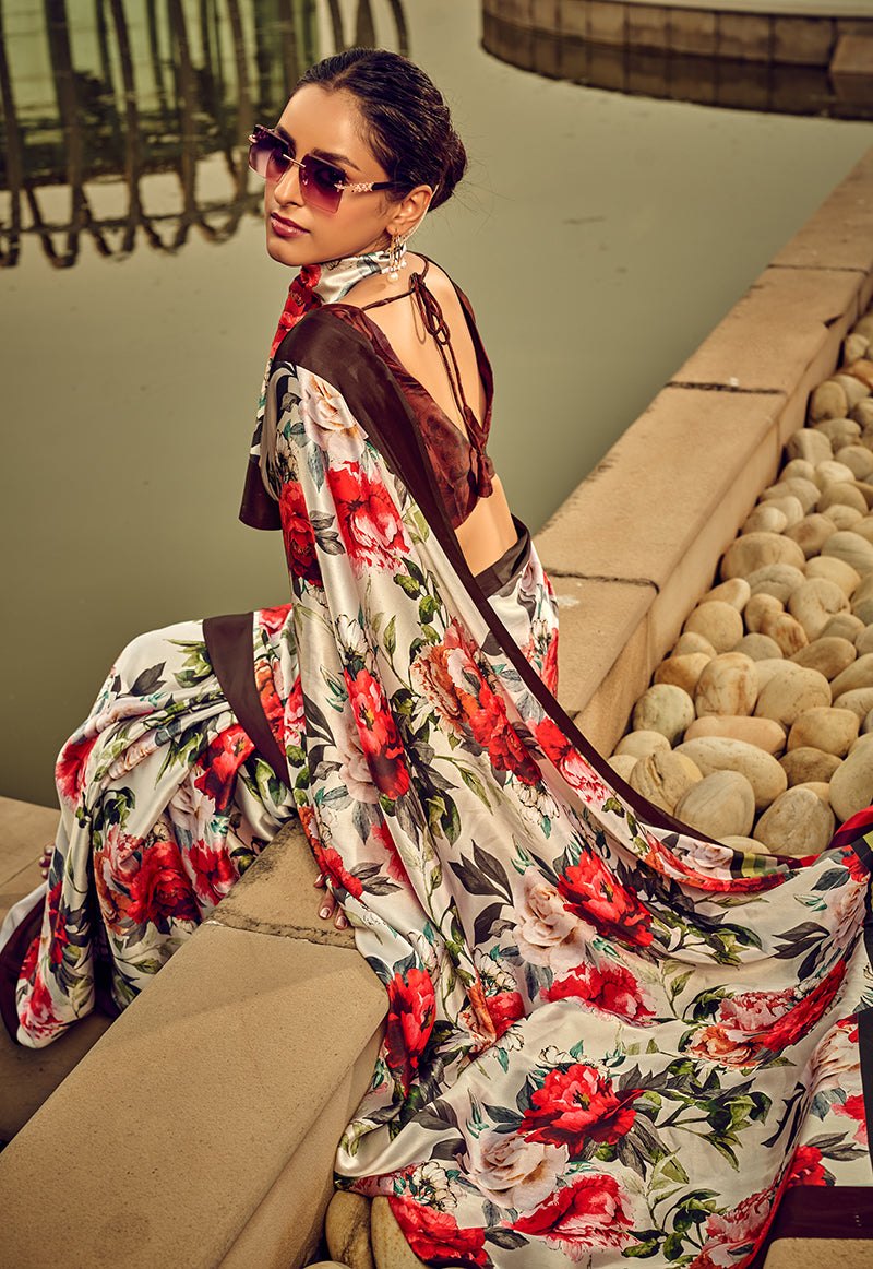 Monjolika Fashion Off White & Red Digital Print Satin Trendy Saree | Grocsy