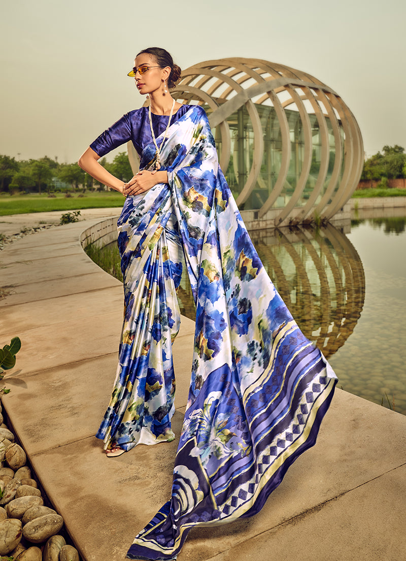 Monjolika Fashion Off White & Blue Digital Print Satin Trendy Saree | Grocsy