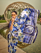 Monjolika Fashion Off White & Blue Digital Print Satin Trendy Saree | Grocsy