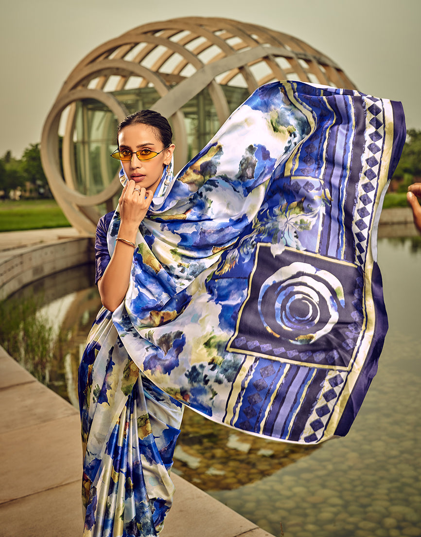 Monjolika Fashion Off White & Blue Digital Print Satin Trendy Saree | Grocsy