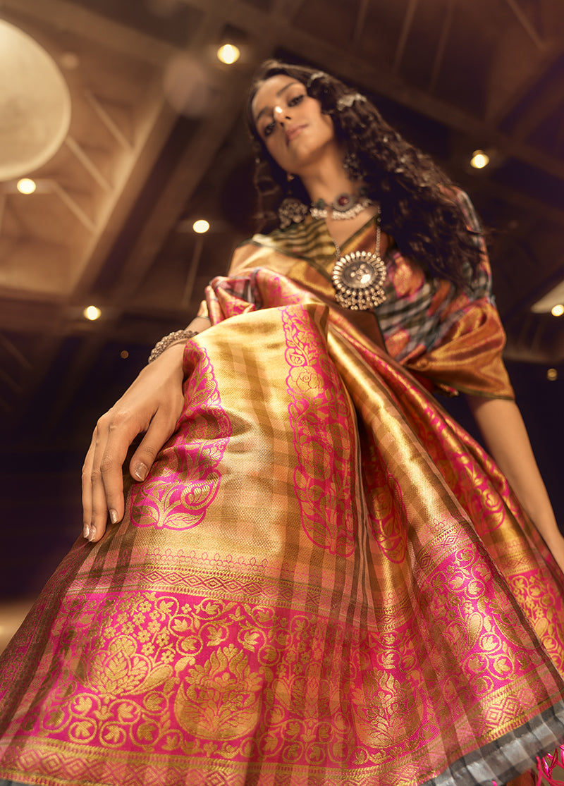 Monjolika Fashion Black & Pink Colour Organza Weaving Checks Saree With Blouse | Grocsy