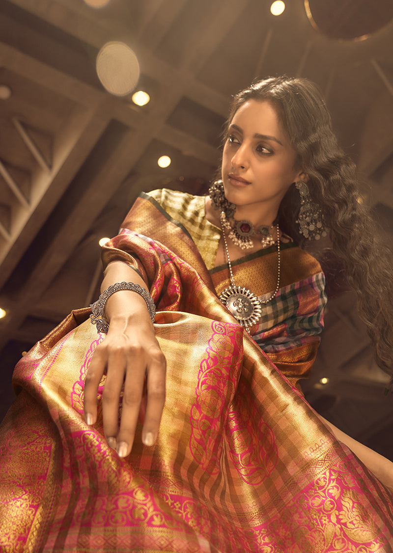 Monjolika Fashion Black & Pink Colour Organza Weaving Checks Saree With Blouse | Grocsy