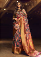 Monjolika Fashion Black & Pink Colour Organza Weaving Checks Saree With Blouse | Grocsy