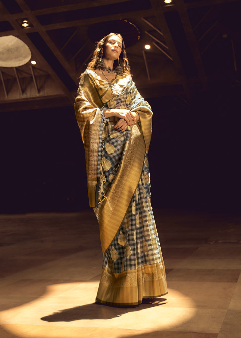 Monjolika Fashion Black & Gold Colour Organza Weaving Checks Saree With Blouse | Grocsy