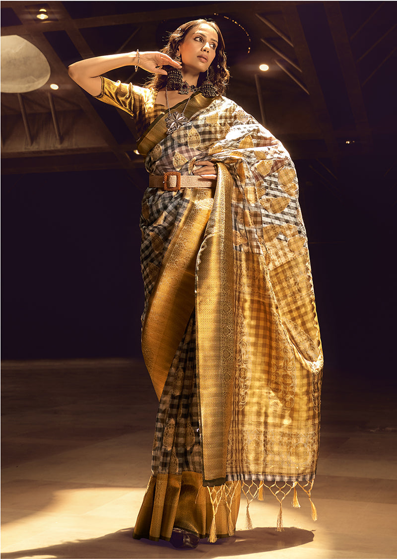 Monjolika Fashion Black & Gold Colour Organza Weaving Checks Saree With Blouse | Grocsy