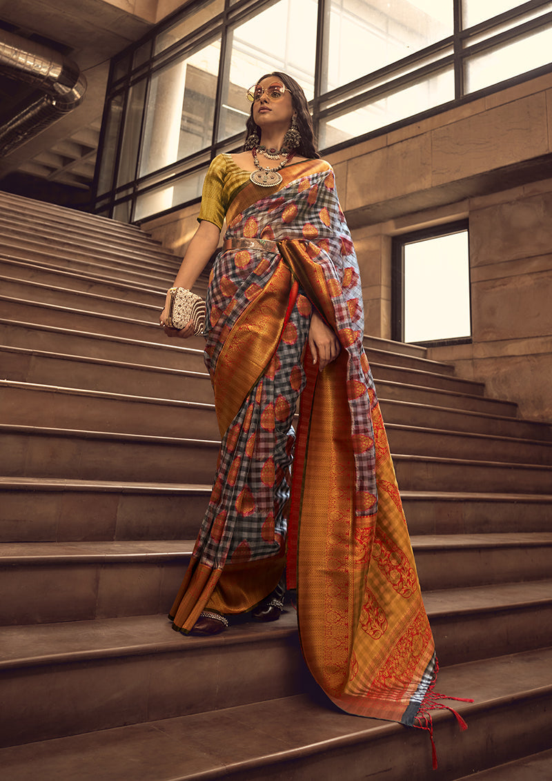 Monjolika Fashion Black & Red Colour Organza Weaving Checks Saree With Blouse | Grocsy