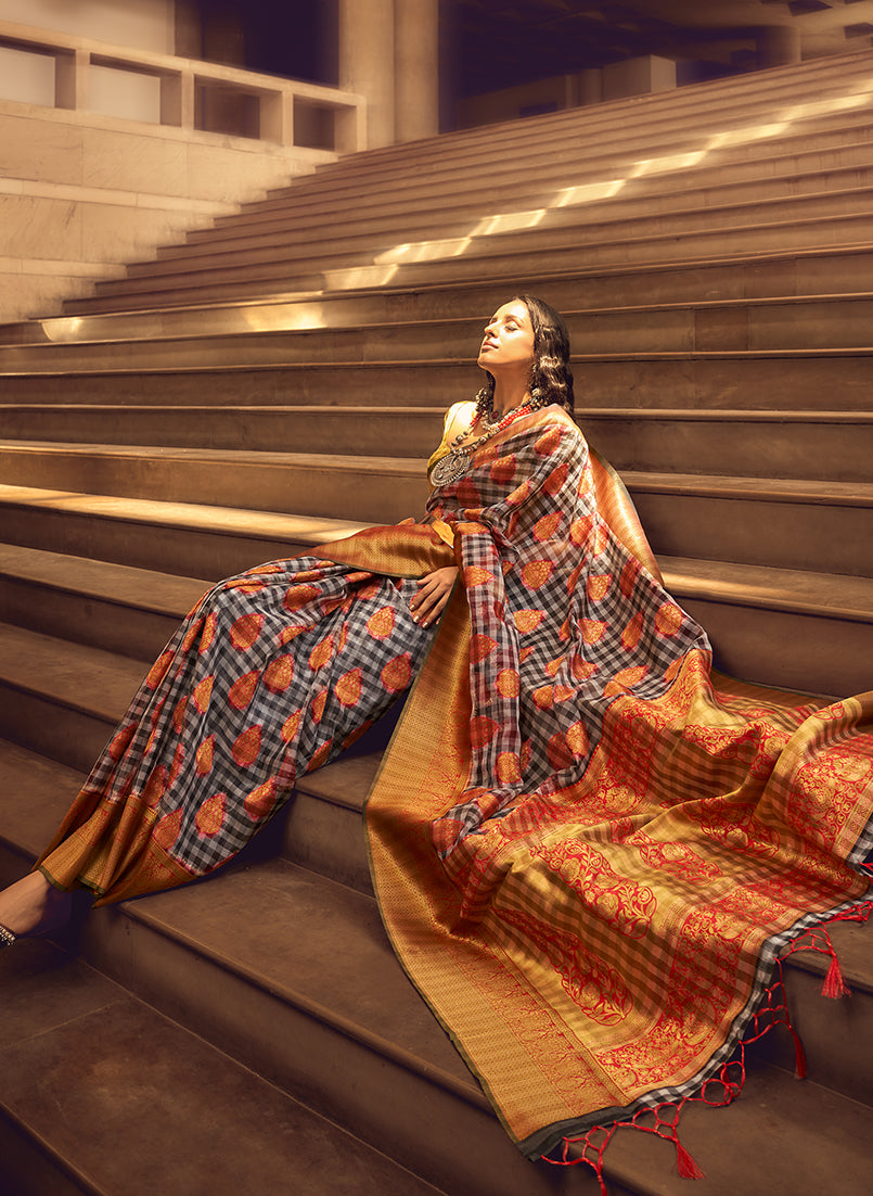 Monjolika Fashion Black & Red Colour Organza Weaving Checks Saree With Blouse | Grocsy