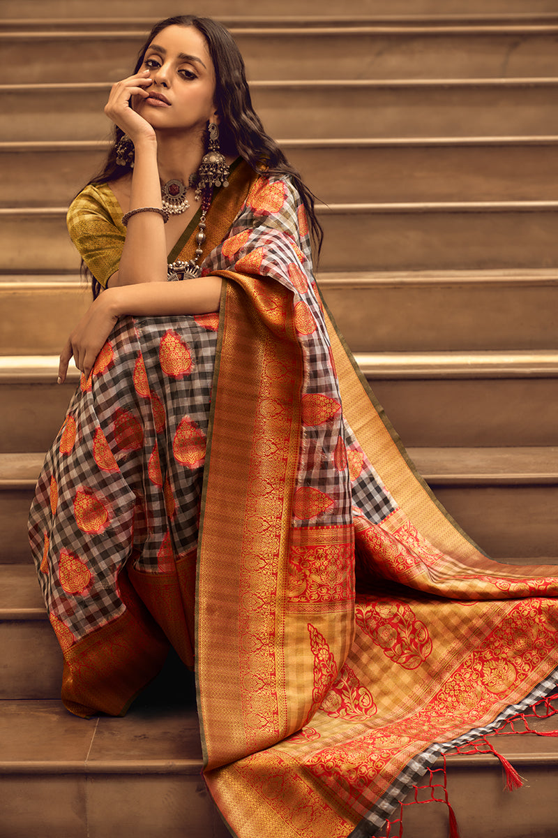 Monjolika Fashion Black & Red Colour Organza Weaving Checks Saree With Blouse | Grocsy