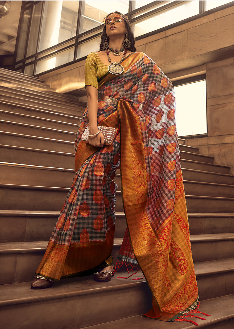Monjolika Fashion Black & Red Colour Organza Weaving Checks Saree With Blouse | Grocsy