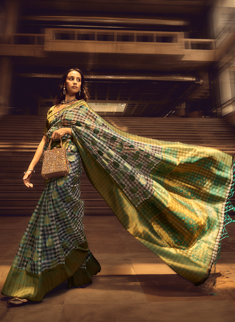 Monjolika Fashion Black & Cyan Colour Organza Weaving Checks Saree With Blouse | Grocsy