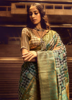 Monjolika Fashion Black & Cyan Colour Organza Weaving Checks Saree With Blouse | Grocsy