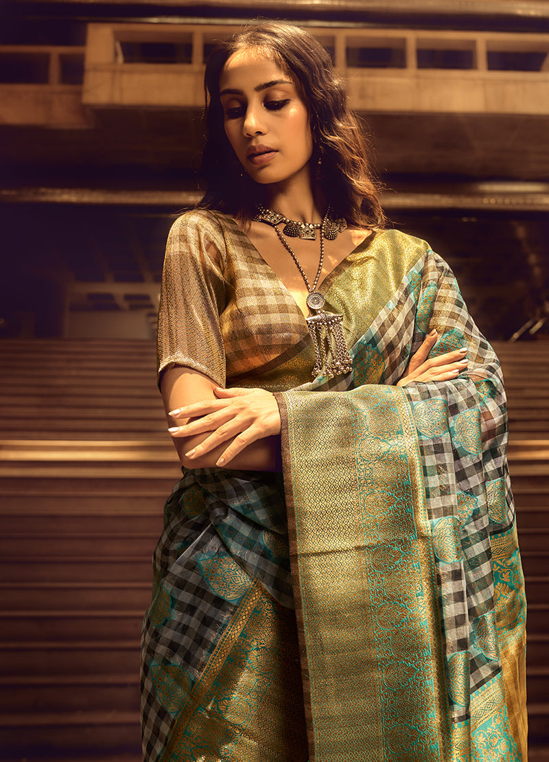 Monjolika Fashion Black & Cyan Colour Organza Weaving Checks Saree With Blouse | Grocsy