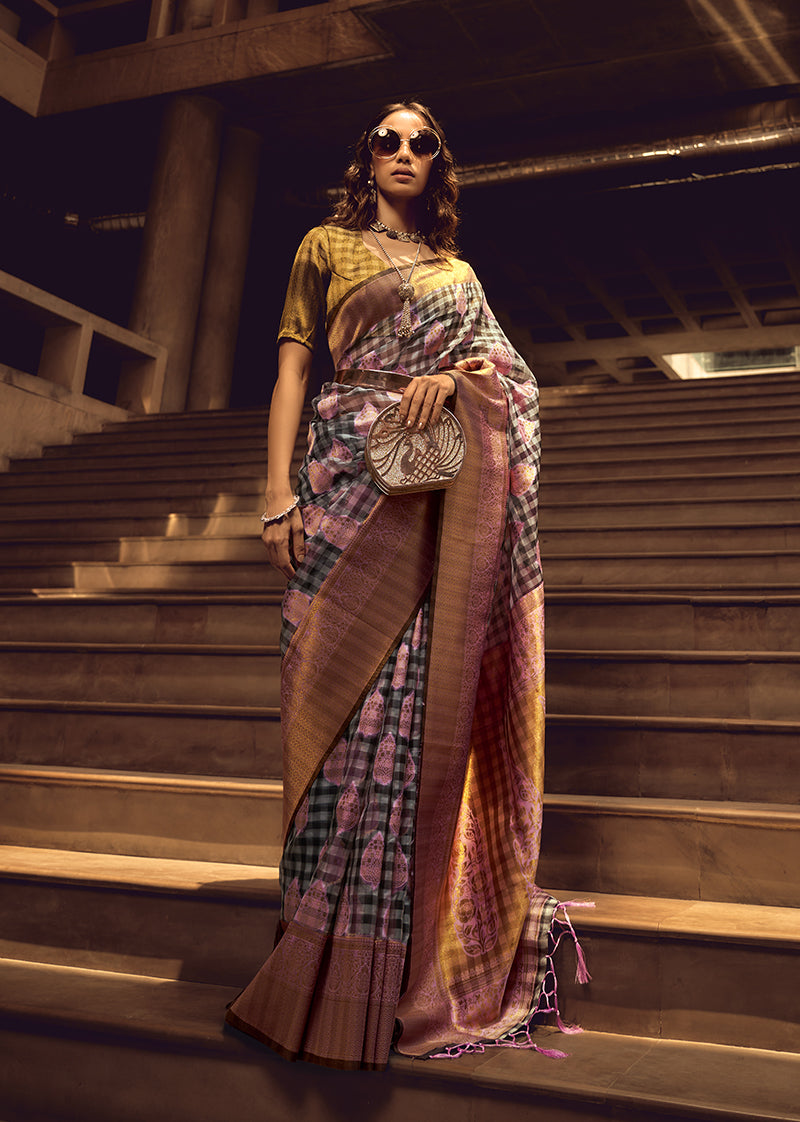 Monjolika Fashion Black & Baby Pink Colour Organza Weaving Checks Saree With Blouse | Grocsy