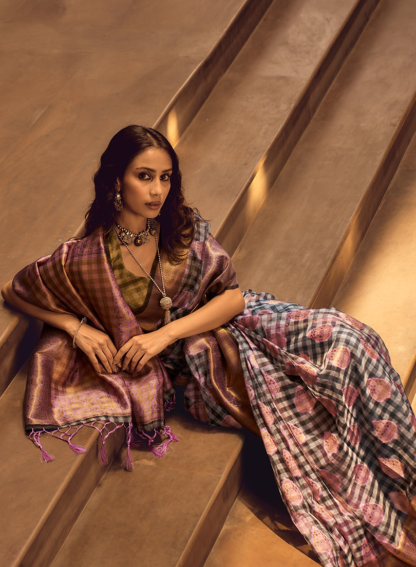 Monjolika Fashion Black & Baby Pink Colour Organza Weaving Checks Saree With Blouse | Grocsy