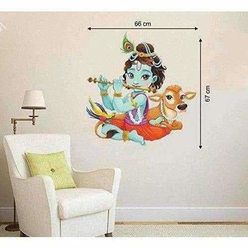 Lord Krishna Flute Playing with Cow - Wall Sticker (PVC Vinyl, 66 cm x 67cm) | Grocsy