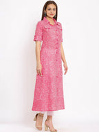 HERE&NOW Pink Shirt Collar Chevron Printed Roll Up Sleeves A-Line Kurta | Grocsy