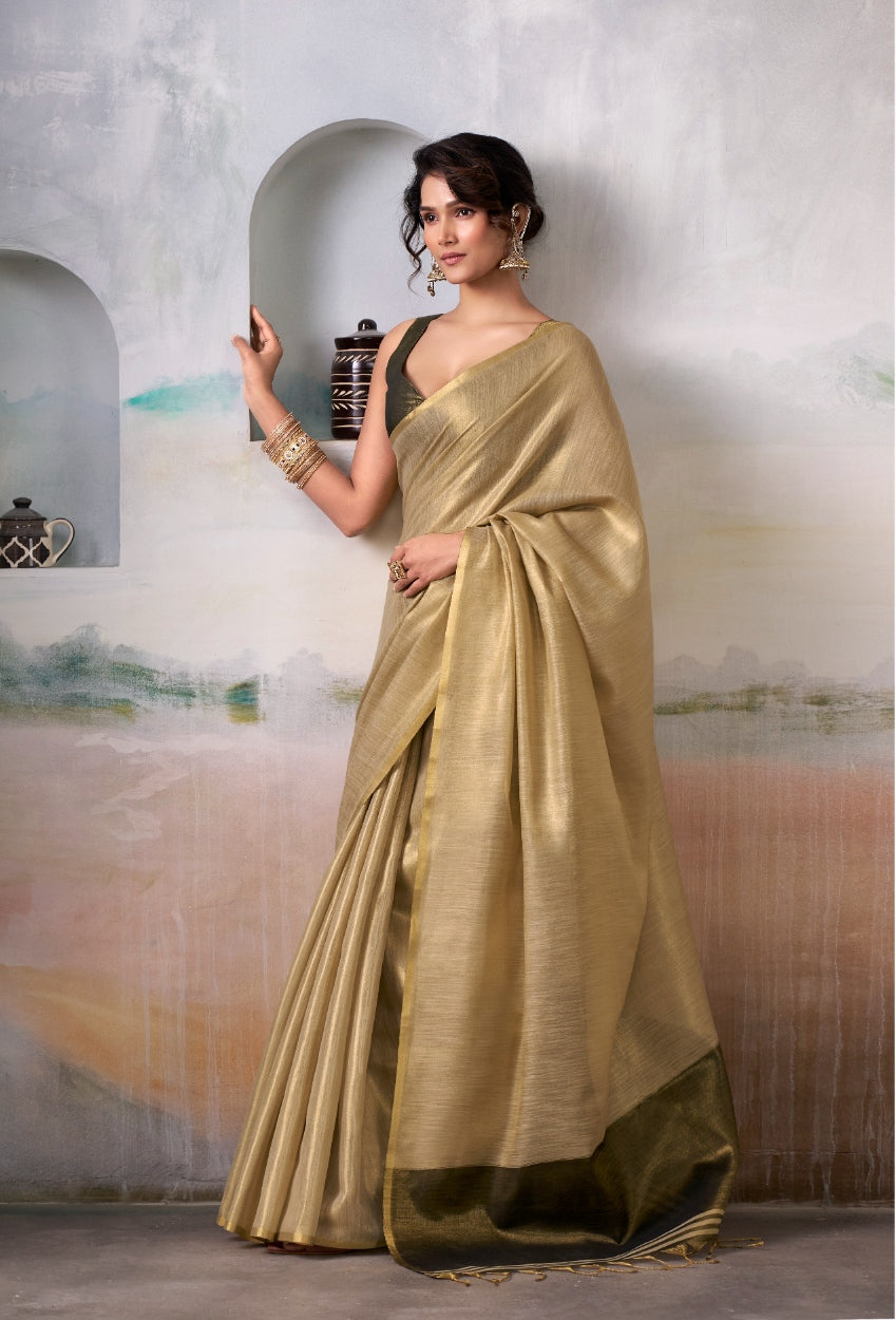 Anaita Beige Handloom Tissue Silk Self Woven Plain Saree | Grocsy