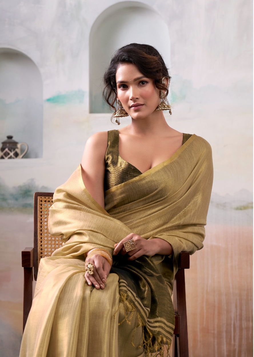 Anaita Beige Handloom Tissue Silk Self Woven Plain Saree | Grocsy