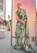 Monjolika Fashion Light Olive Color Swiss Satin Printed Saree With Blouse | Grocsy