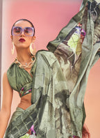 Monjolika Fashion Light Olive Color Swiss Satin Printed Saree With Blouse | Grocsy