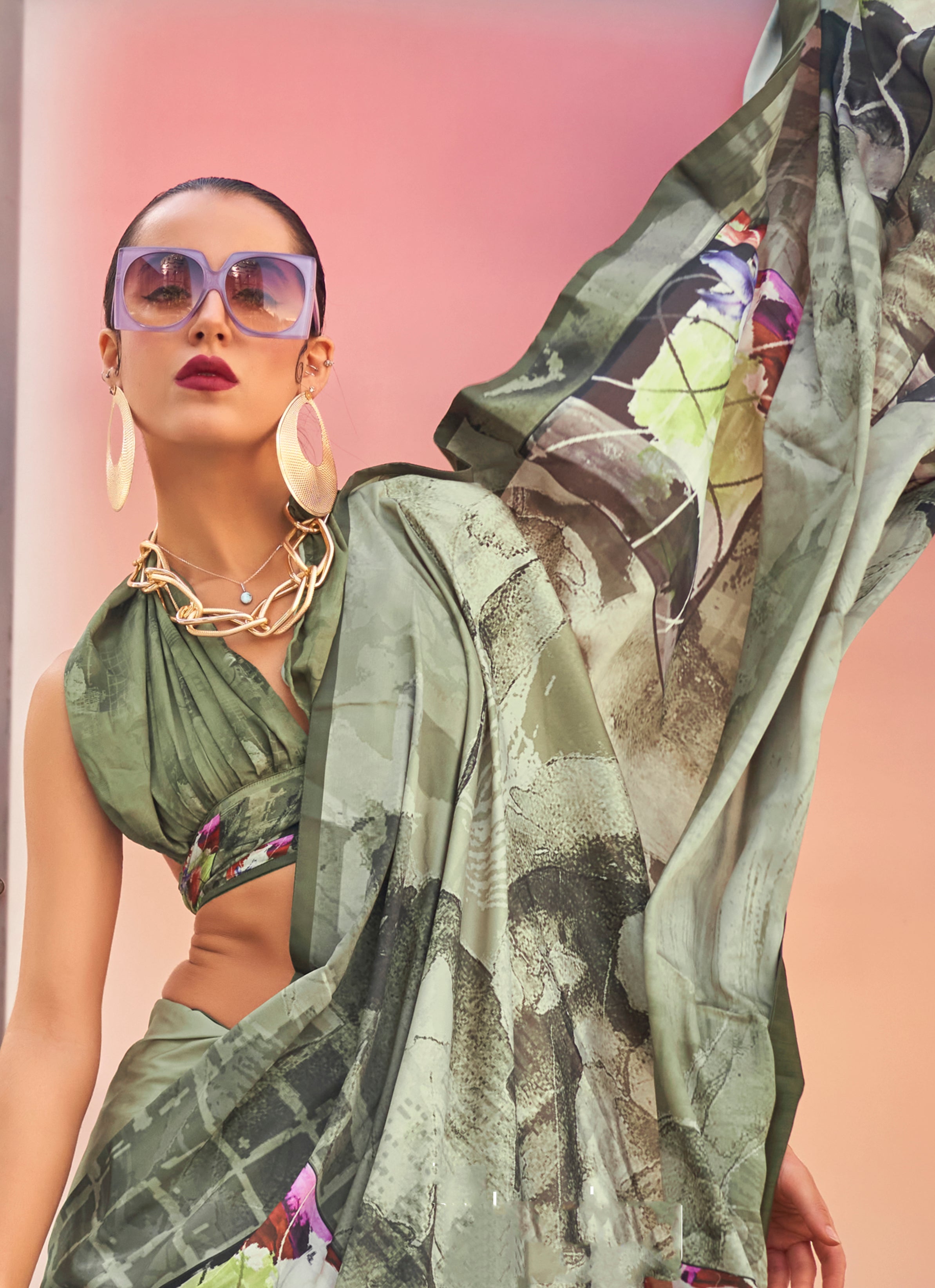 Monjolika Fashion Light Olive Color Swiss Satin Printed Saree With Blouse | Grocsy